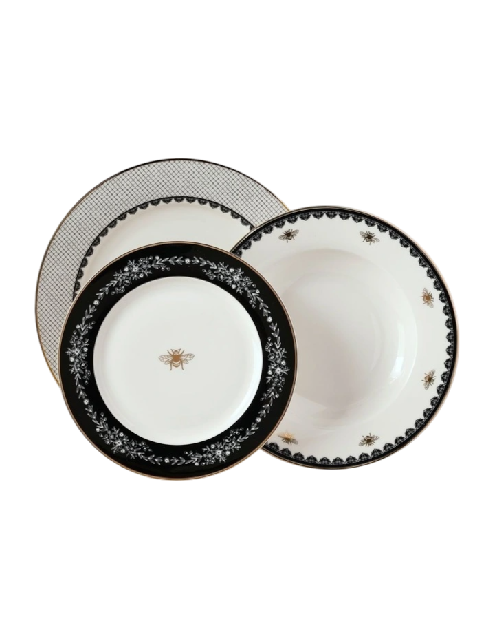 Honey Bee 12pc Dinner Set in Black/Gold