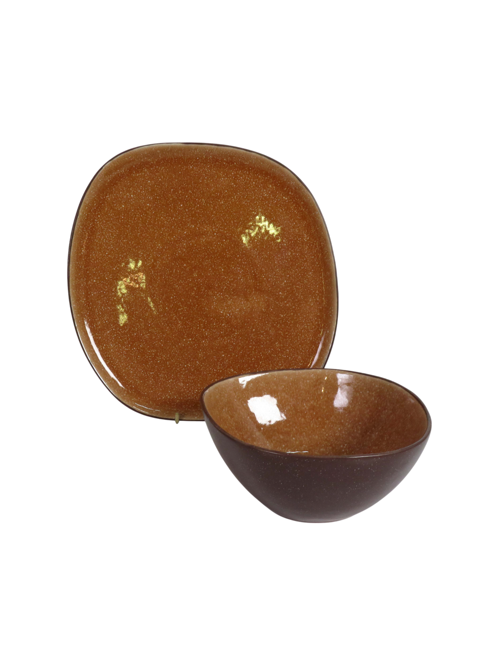 Reactive Glaze Sculpted Plate & Bowl Set in Rust