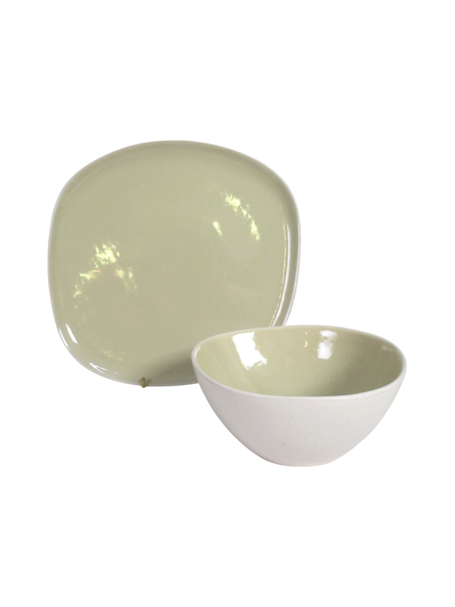 Reactive Glaze Sculpted Plate & Bowl Set in Green