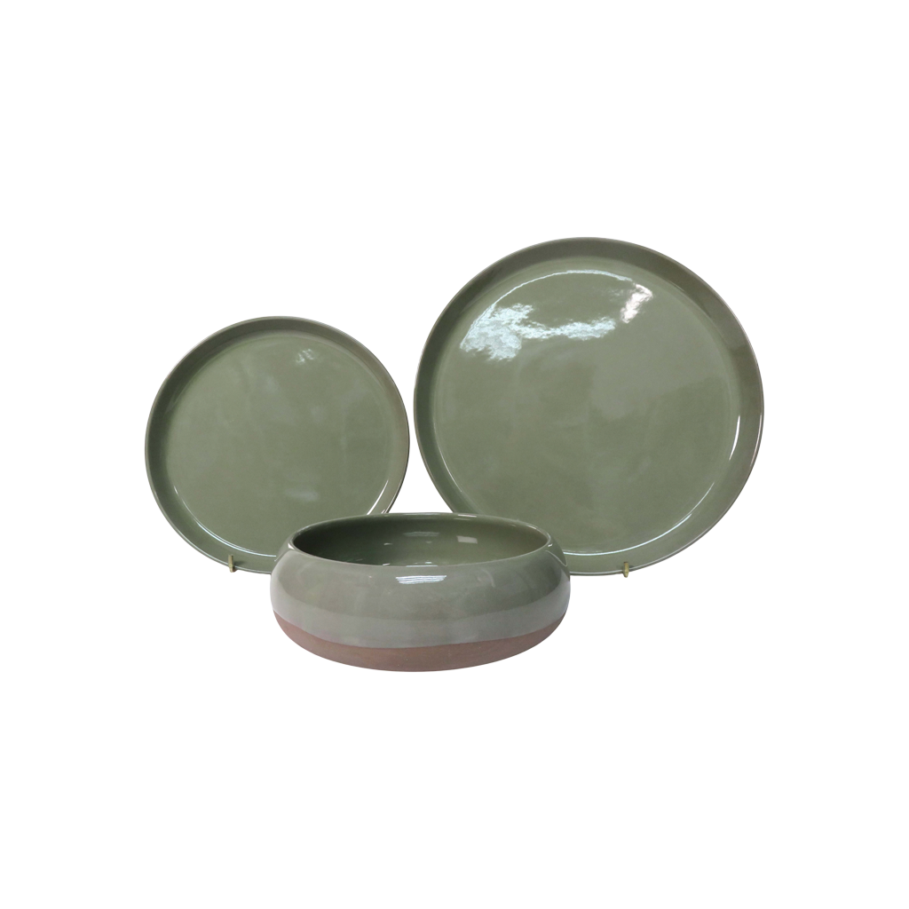 Bubble Wiped Edge Dinner Set with Deco Base - Olive