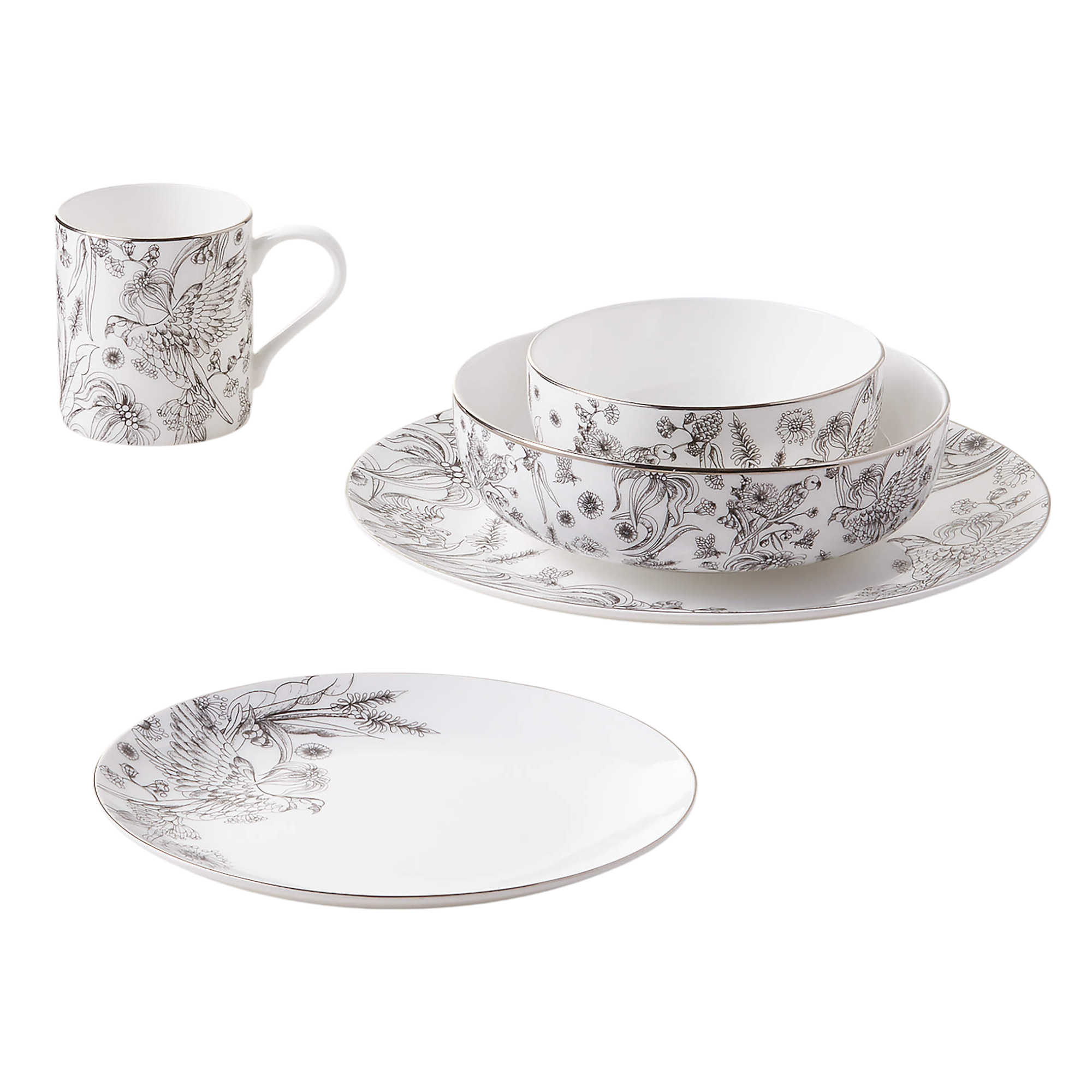 Le Paradis 4-Piece White and Silver Dinnerware Set with Soup Bowl